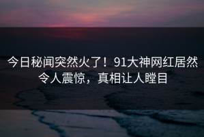 今日秘闻突然火了！91大神网红居然令人震惊，真相让人瞠目